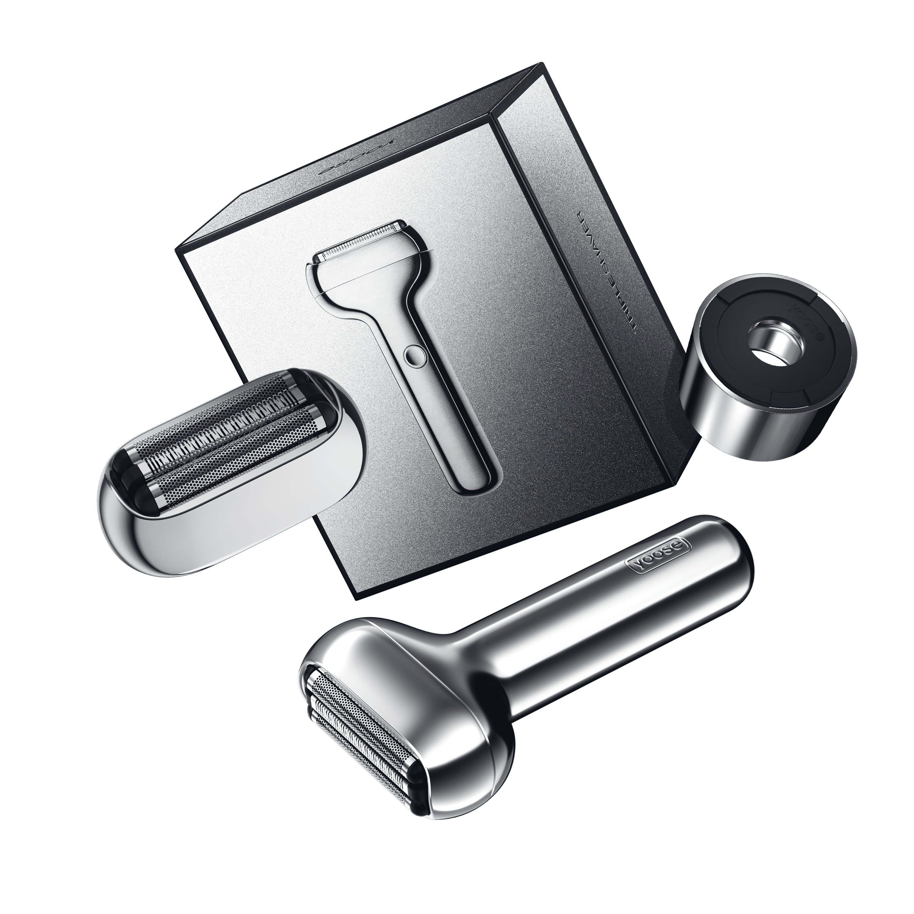 yoose triple foil shaver silver edition packed with a silver stand base and an extra silver cutterhead, it also wrapped by a silver package